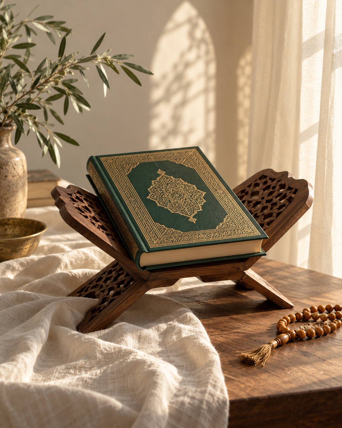 A green Quran on a carved wooden stand in a quiet, sunlit study space